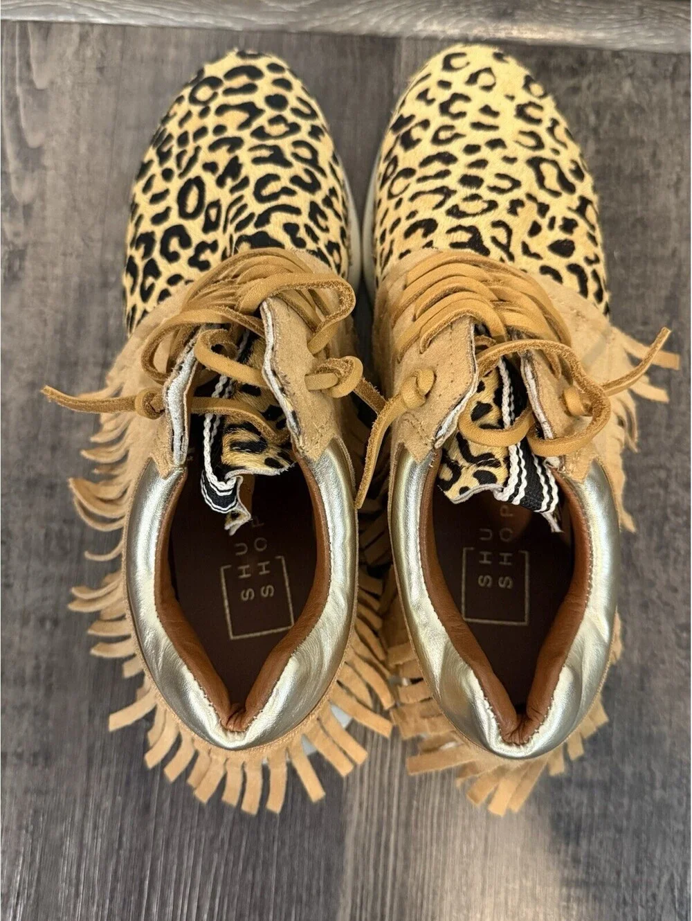 ShuShop Pepa Leopard Tan Fringe Trim Leather Lace Sneakers Size 7.5 Womens